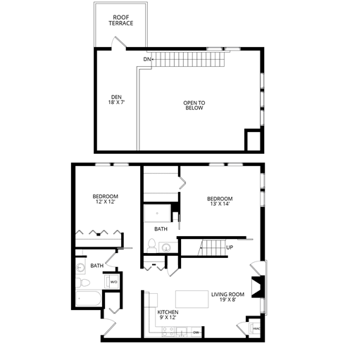 Floor plan for 2 beds, 2 baths, 1292 sqft